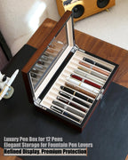 Wooden Pen Display Case – 12 Slot Lockable Fountain Pen Storage Box, Brown Collectors Display with Glass Top, Gift for Men