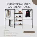 Industrial Pipe Clothing Rack, Wall Mounted Garment Hanging Rack with Shelves, 14.6x122.8x82.7 Inches, Model Y05