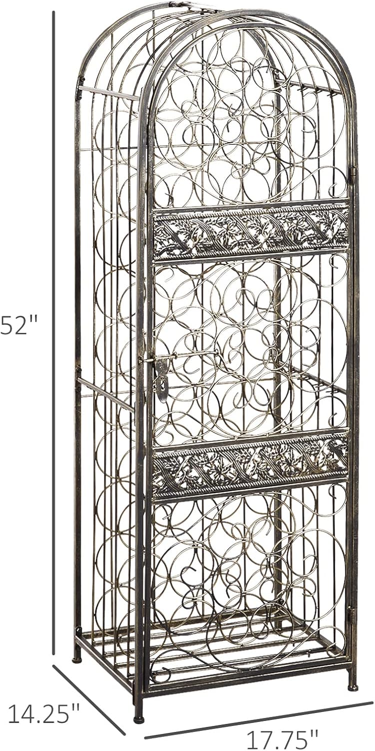 Wine Rack Cabinet, 45-Bottle Wrought Iron Wine Storage Cage with Lock, Antiqu...
