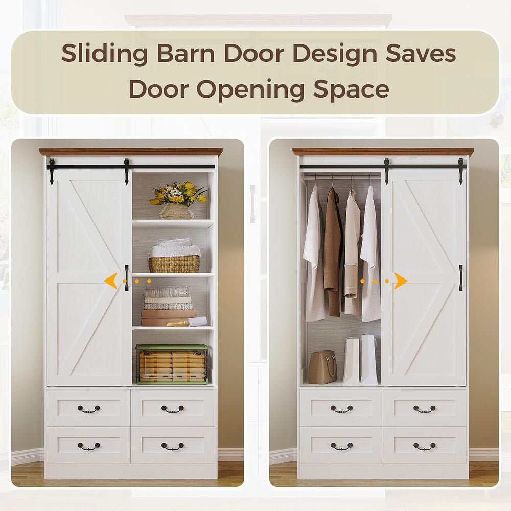 IRONCK Armoire Wardrobe Closet with 4 Drawers, Sliding Barn Doors, White