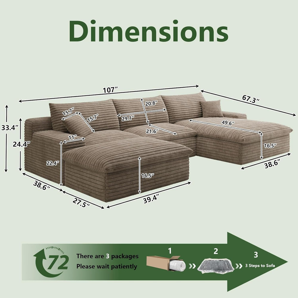 107" Cloud Couch Modular Sectional Sofa for Living Room, U-Shape Couch w...