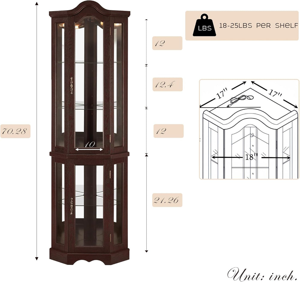 Lighted Corner Curio Cabinet 70.5" Tall Wooden China Cabinet with Temper...