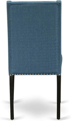 East West Furniture NOFL3-BLK-21 3 Piece Modern Dining Table Set Contains a Rectangle Wooden Table with Butterfly Leaf and 2 Blue Linen Fabric Upholstered Chairs, 32x54 Inch, Black