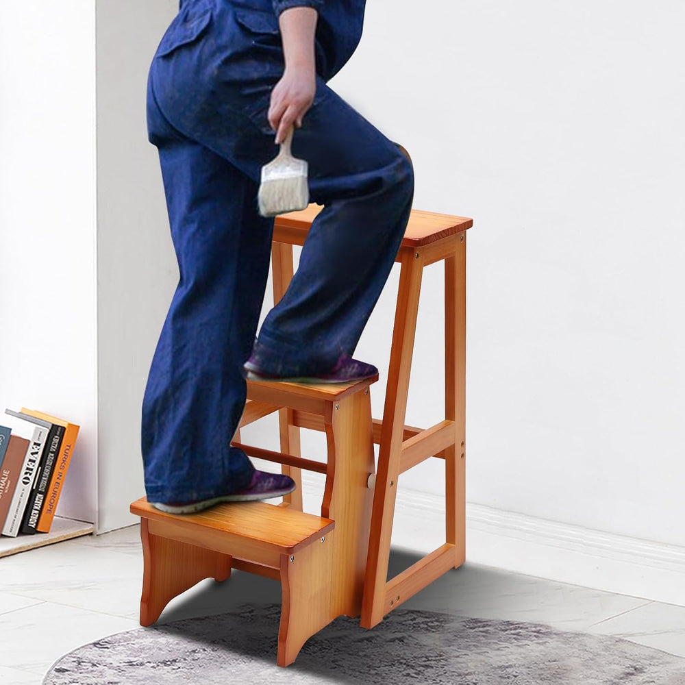 Folding Library Ladder Chair, Solid Wood Portable Multifunctional Step Stool,...
