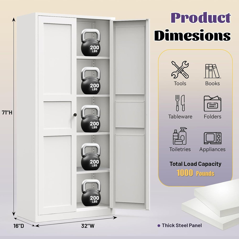 71"Kitchen Pantry Cabinet,White Metal Pantry Cabinet with 2 Doors & ...