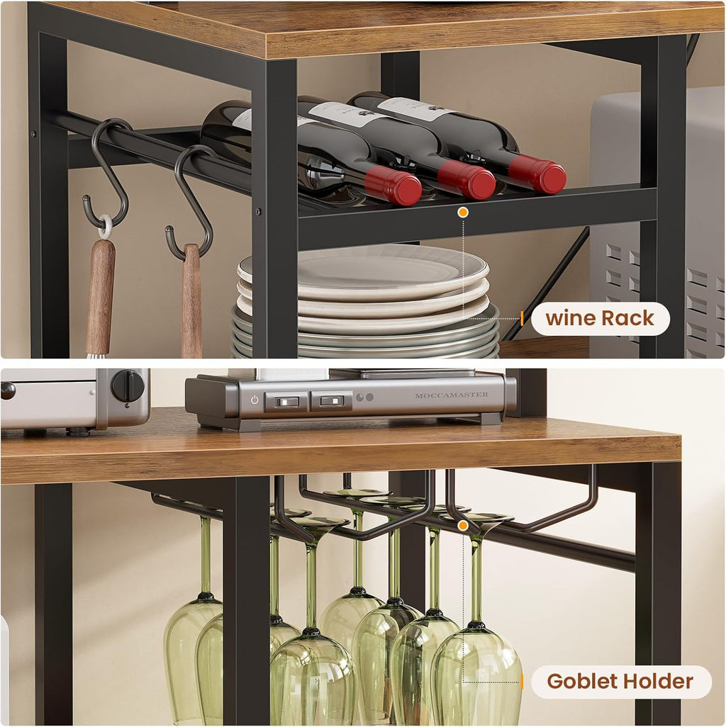 Itaar Bakers Rack with Power Outlet and LED Light, 47.2'' Microwave Stand with Storage, Kitchen Coffee Bar Cabinet with Glass Door, 4 Drawer, Wine Rack, Goblet Holder and 12 Hooks, Rustic Brown