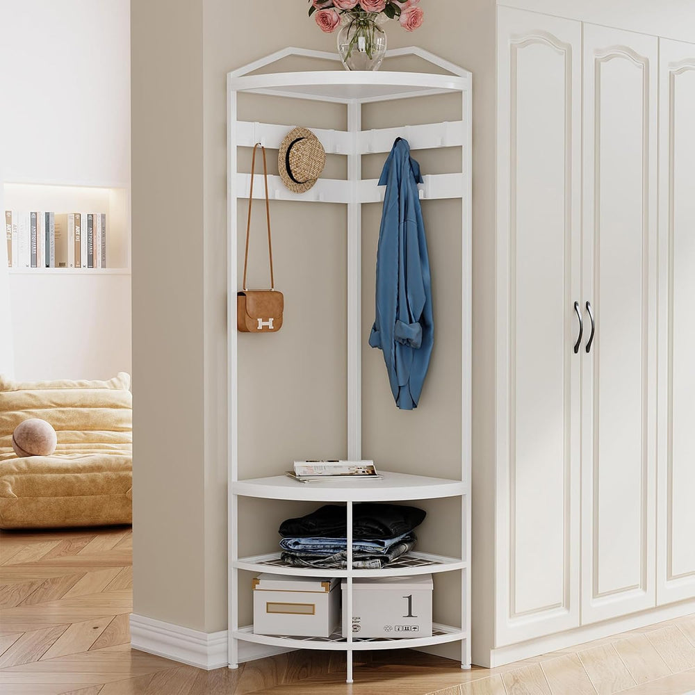 GiftGo Corner Hall Tree with Shoe Bench Entryway Coat Rack with 10 Metal Mova...