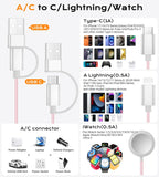 Temdan for Travel Vacation Essentials,3 in 2 USB C Cable for Apple Watch Charger/iPhone 17 Charger/Lightning,Multi Charging Cable Cord,Camping Essentials,Designed for iWatch &iPhone 16-12-6FT Pink