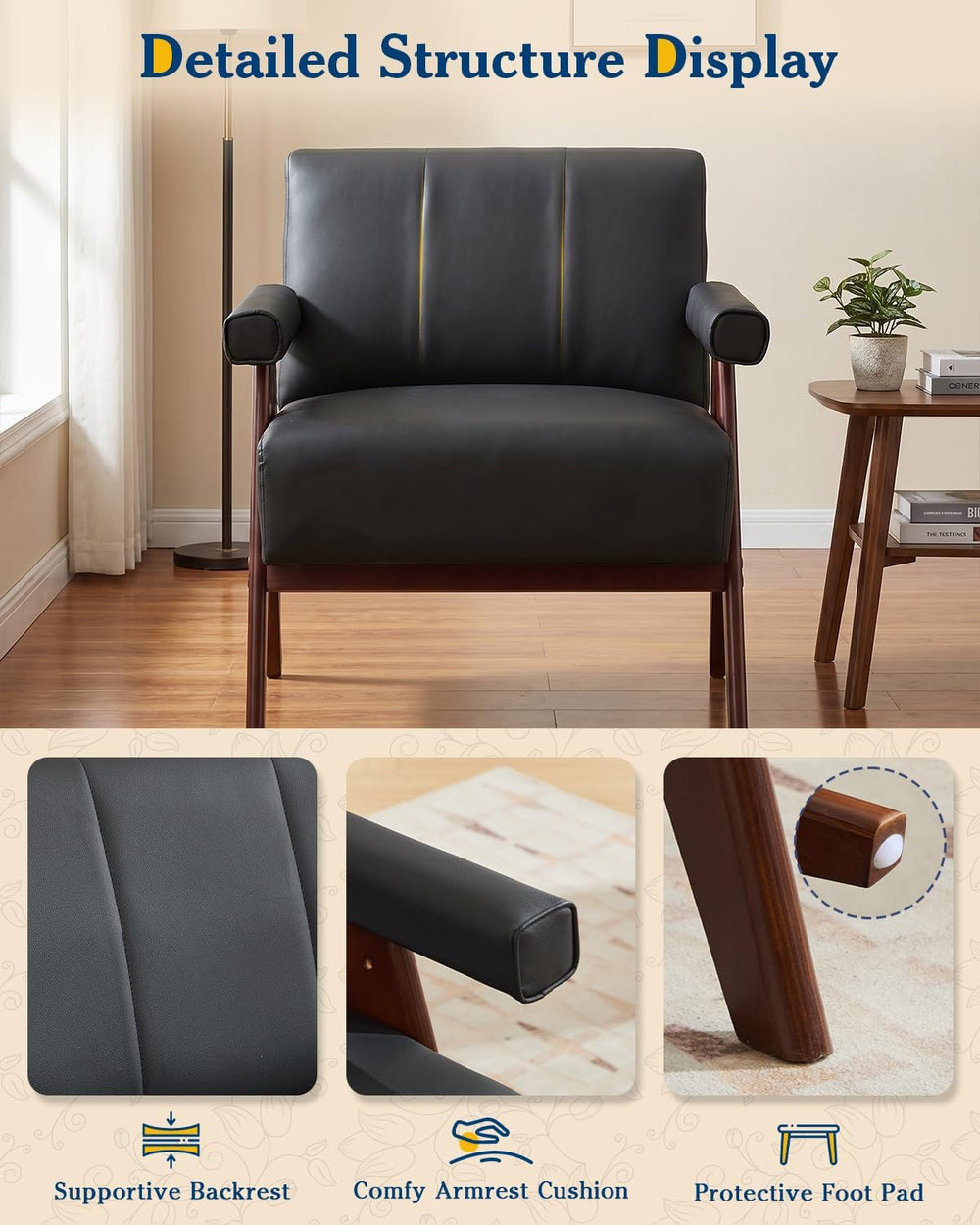 Mid Century Modern Black Faux Leather 3pcs Sofa Sets Solid Wood Frame