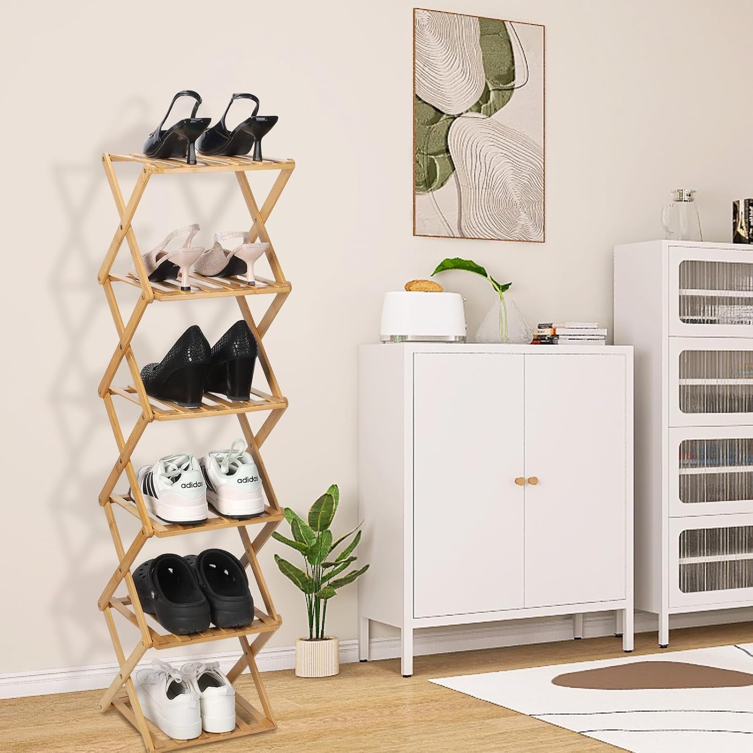 Bamboo Shoe Rack 6 Tier Foldable Shoe Rack for Entryway | Narrow Vertical Shoe Organizer Free Standing Shelf, Multifunctional Slim Storage for Bedrooms Living Room Corner