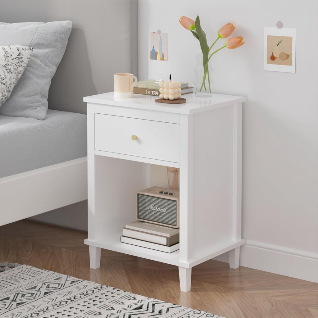 extrasleep Kids Nightstand with Storage Drawer, 27''H Wooden Toddler Night Stand for Boys Girls Toddler, Modern End Table with Shelf for Bedroom Living Room, Kids Small Bedside Table (White)