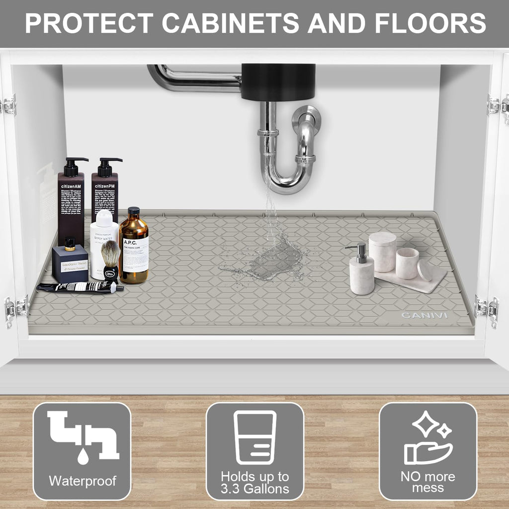 Under Sink Mat, 34" x 22" Waterproof Silicone Under Sink Tray for Kitchen & Laundry Cabinets, Kitchen Cabinet Shelf Protector, Up to 3.3 Gallons Liquid, Fits 36 inch Standard Cabinet(Grey)