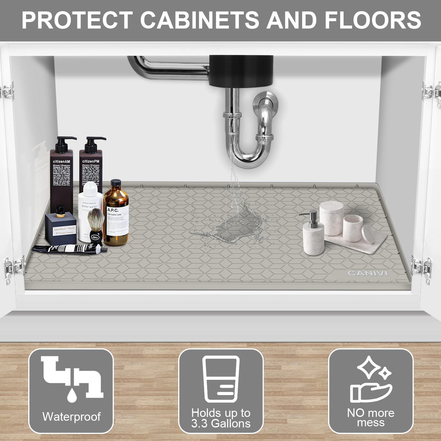 Under Sink Mat, 31" x 22" Waterproof Silicone Under Sink Tray for Kitchen & Laundry Cabinets, Kitchen Cabinet Shelf Protector, Up to 3.2 Gallons Liquid, Fits 36 inch Standard Cabinet (Khaki)