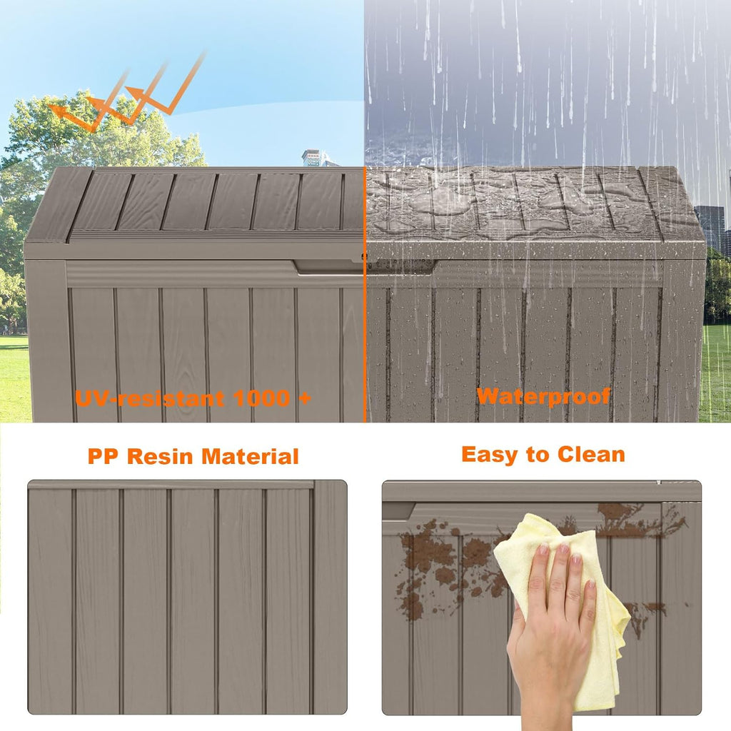90 Gallon Resin Deck Box, Lockable Patio Outdoor Storage Box for Furniture, Garden Tools and Tools Storage, Waterproof Outside Storage Boxes - Grey