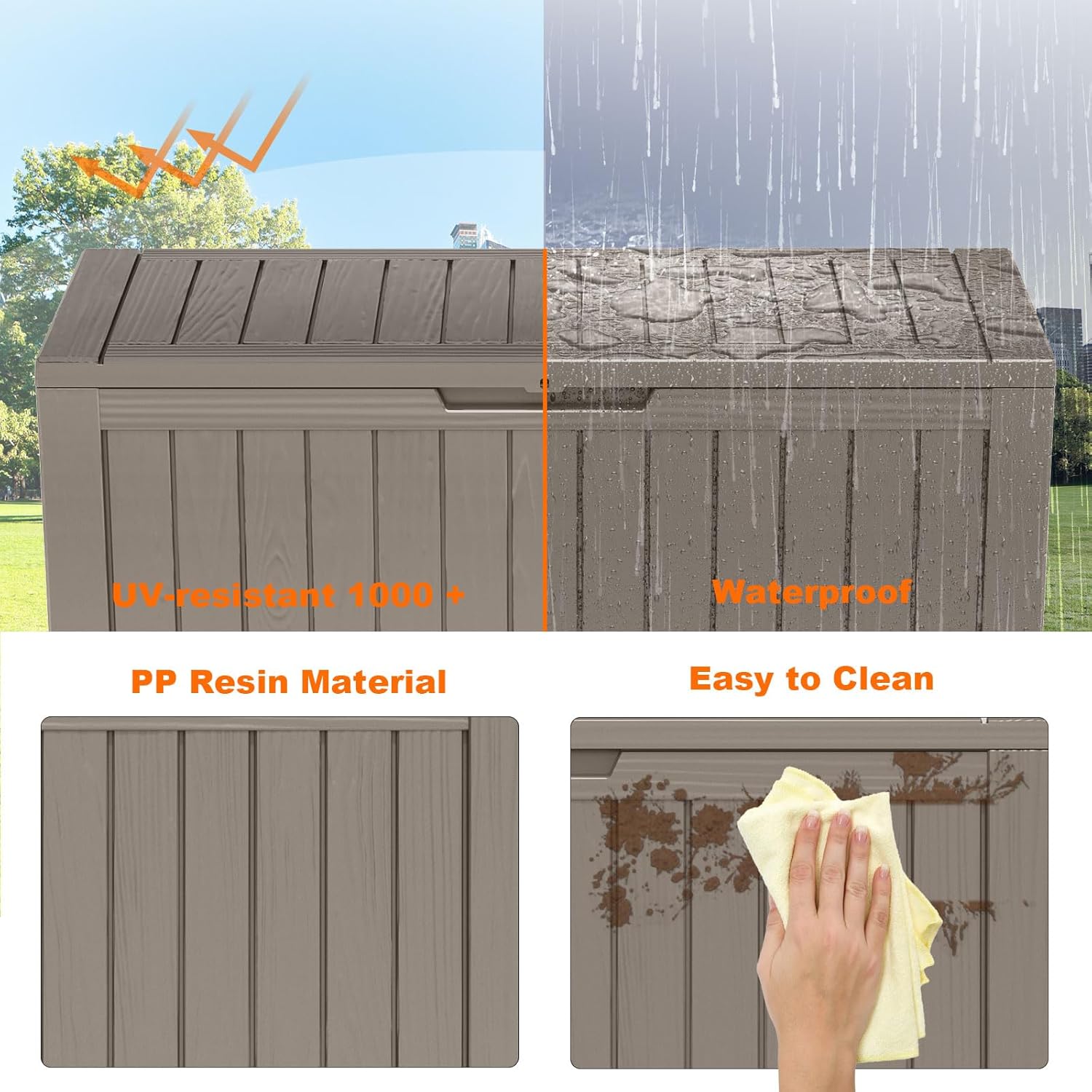 90 Gallon Resin Deck Box, Lockable Patio Outdoor Storage Box for Furniture, Garden Tools and Tools Storage, Waterproof Outside Storage Boxes - Grey