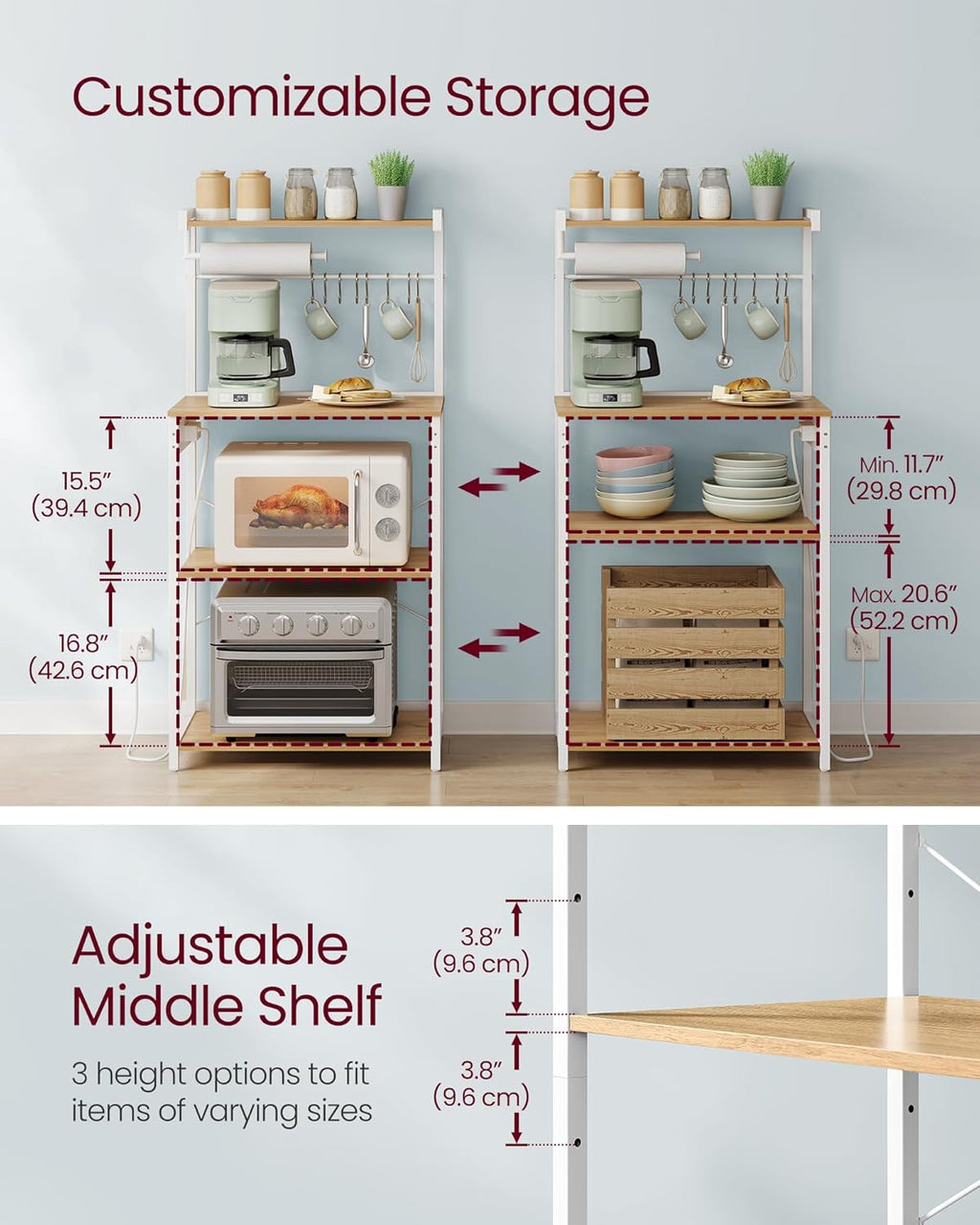 VASAGLE BARNET Collection - Kitchen Bakers Rack with Power Outlet, 23.6-Inch Wide Coffee Bar 4-Tier with 8 S Hooks, Modern Microwave Stand, Adjustable Shelf, Golden Oak and Cloud White UKKS014Y01V1