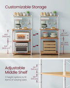 VASAGLE BARNET Collection - Kitchen Bakers Rack with Power Outlet, 23.6-Inch Wide Coffee Bar 4-Tier with 8 S Hooks, Modern Microwave Stand, Adjustable Shelf, Golden Oak and Cloud White UKKS014Y01V1