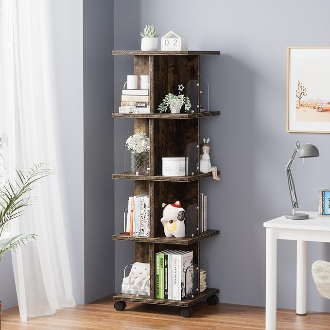 VECELO 4-Tier Rotating Bookshelf, Modern Swivel Bookcase, Vintage Book Shelf for 360° Display, Stackable Shelves Floor-Standing Storage for Home Office, Solid Wood, Smooth Spinning, Brown