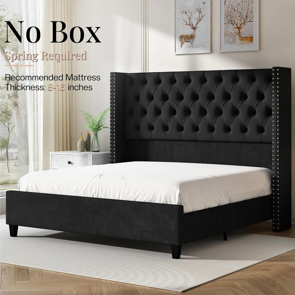 Jocisland Queen Size Bed Frame with 51.6" Velvet Wingback Headboard, Black