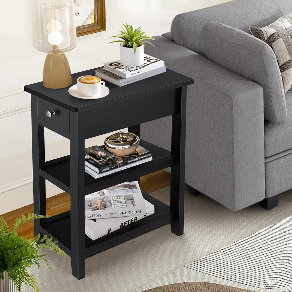 End Tables Living Room Set of 2, 3-Tier Narrow Sofa Side Table with Drawer an...