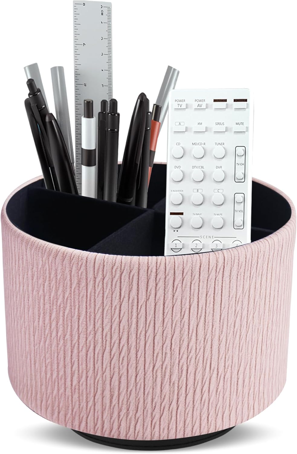 Round Leather Art Supply Organizer,Remote Control Holder,360 Degree Spinning,Multi-Functional Pencil Holder,4 Compartments Desktop Stationary Organizer(1-Wood Pink2)
