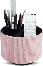 Round Leather Art Supply Organizer,Remote Control Holder,360 Degree Spinning,Multi-Functional Pencil Holder,4 Compartments Desktop Stationary Organizer(1-Wood Pink2)