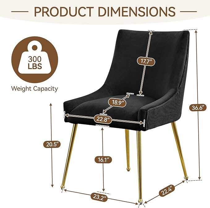 Velvet Dining Chairs Set of 6 Gold Legs,Upholstered Velvet Accent Chairs, Pleated Back Design & Gold Pull Handle, Mid Century Modern Chairs for Dining/Kitchen/Living Room,Black
