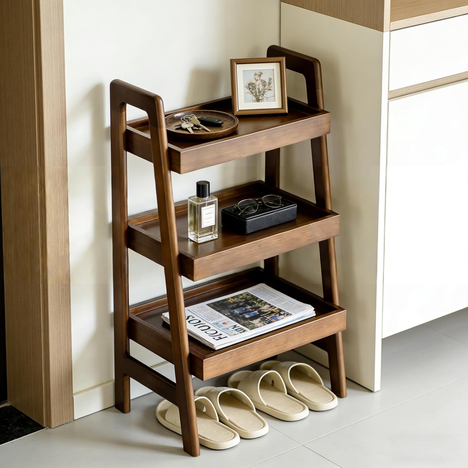 Ladder Shelf, Ladder Bookshelf, 100% Solid Wood 3 Tier Shelf, Walnut Freestanding Open Storage Rack, Compact Side Table for Living Room, Bedroom, Study, Home Office