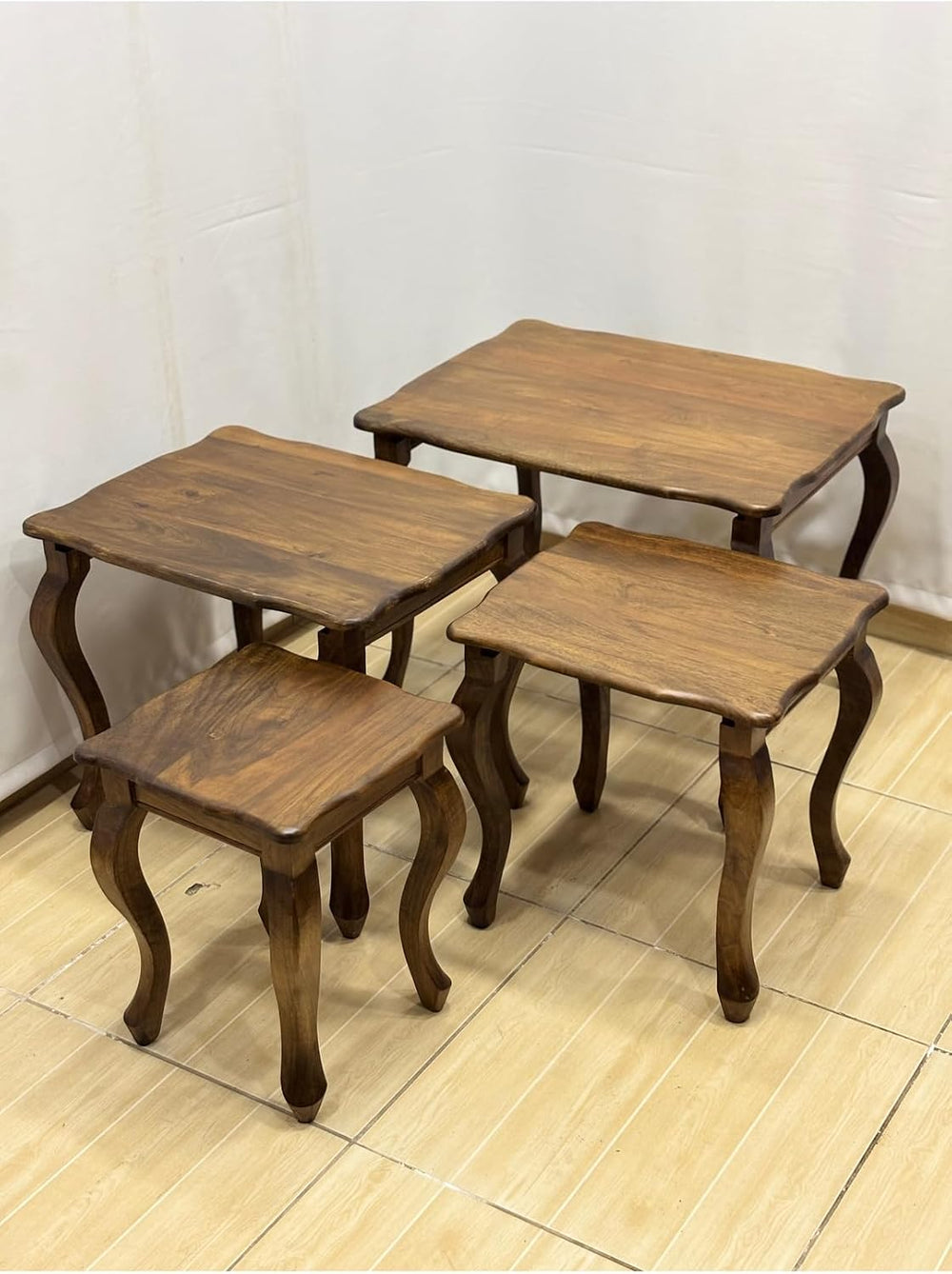 Walnut Wood 4-Piece Nesting Side Table Set 25.6x19.7x19.7 in Solid Wood Livin...