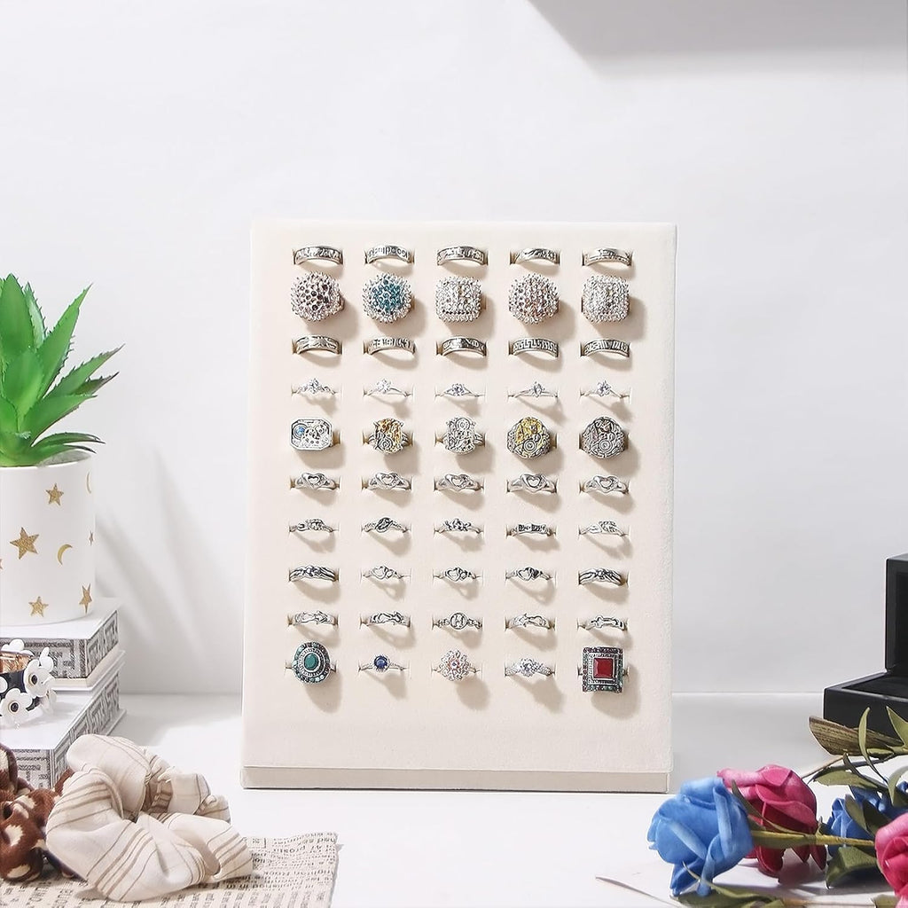 Ring Display Stand, Velvet Ring Holder, 50 Slots Rings Organizer Jewelry Display Tray, L-Shaped Jewelry Organizer Stand for Rings Earrings Selling (2, Beige)