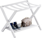 Luggage Rack, Folding Suitcase Stand with Storage Shelf, Premium Bamboo Luggage Holder for Guest Room, Bedroom, Hotel, Closet, Holds up to 135 lb (White)