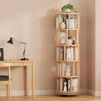Solid Wood Rotating Bookshelf on Wheels, 5 Tier, Round Revolving Bookcase, 360° Spinning Book Shelf Tower for Kids, Narrow Rolling Bookshelves for Small Space, Corner, Bedroom, Office, Natural