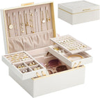 Lolalet Jewelry Box for Women Girls, 2 Layer Jewelry Organizer -Cream | Jewellery Storage Case, Necklace Earrings Rings Bracelets Holder, Cnristmas Birthday Gifts for Mom Teen Girls Daughter