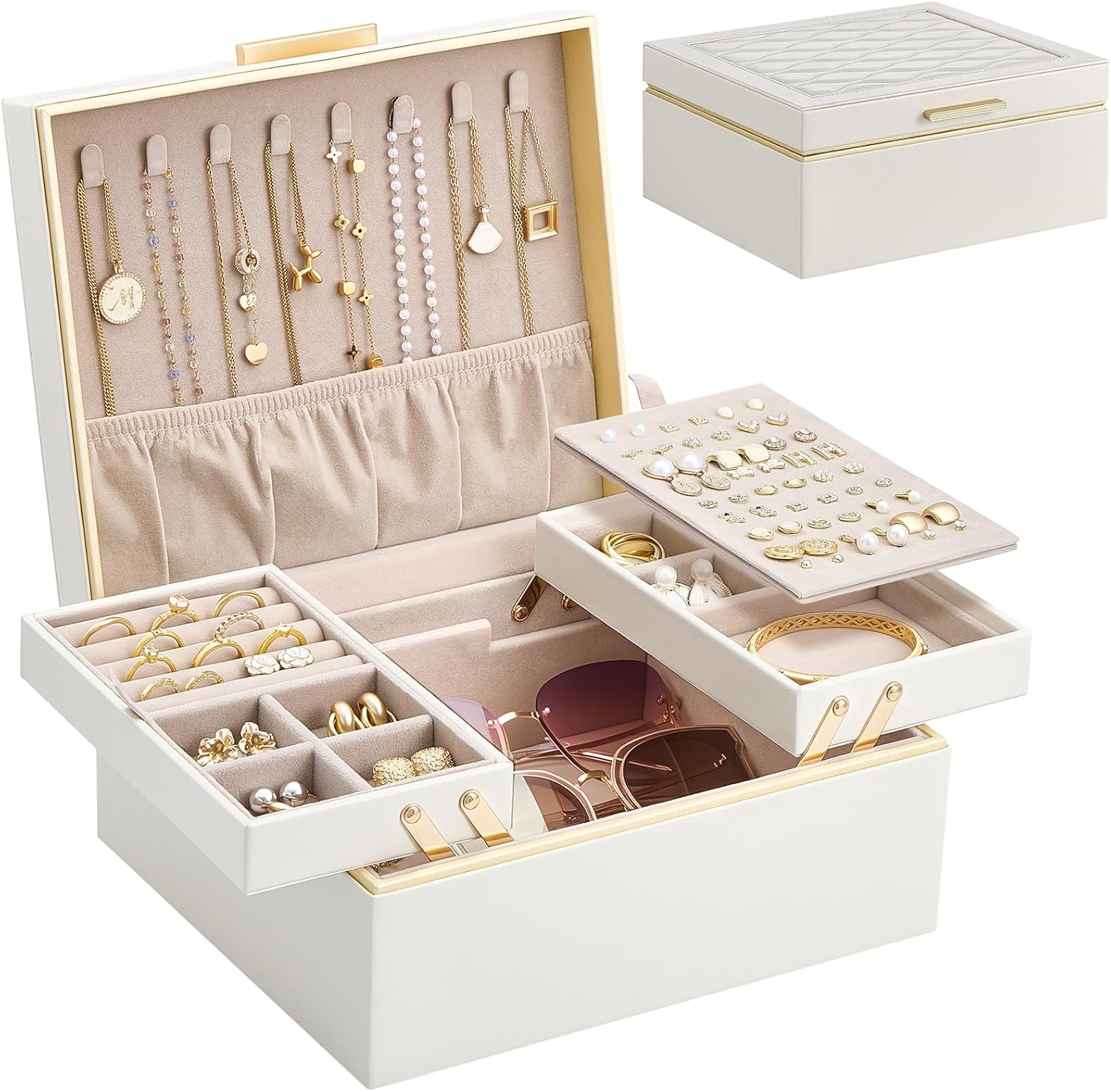 Lolalet Jewelry Box for Women Girls, 2 Layer Jewelry Organizer -Cream | Jewellery Storage Case, Necklace Earrings Rings Bracelets Holder, Cnristmas Birthday Gifts for Mom Teen Girls Daughter
