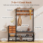 Itaar Coat Rack, Hall Tree with Bench and Shoe Storage, 7-in-1 Entryway Bench with Soft Cushion, Storage Bag, 3 Fabric Drawers(Rustic Brown)