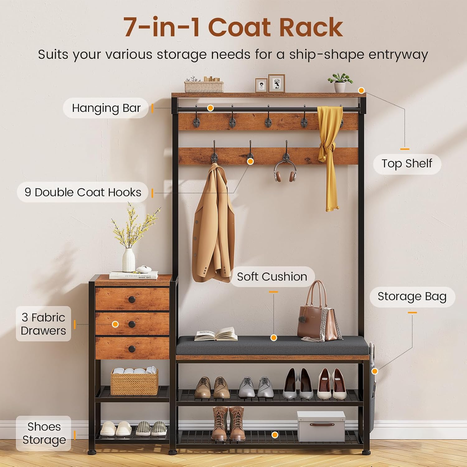 Itaar Coat Rack, Hall Tree with Bench and Shoe Storage, 7-in-1 Entryway Bench with Soft Cushion, Storage Bag, 3 Fabric Drawers(Rustic Brown)