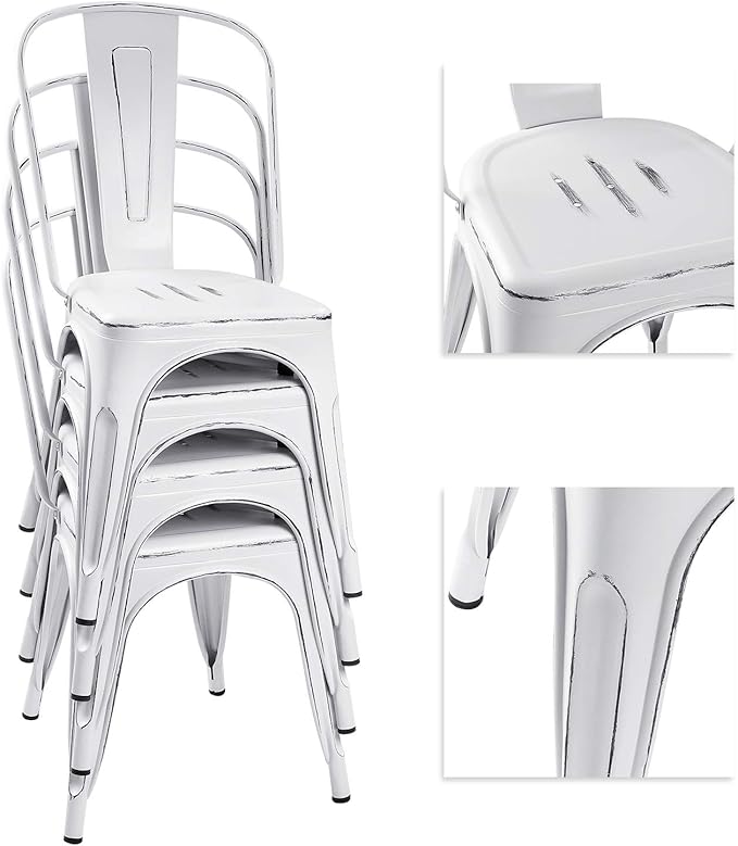 Devoko Metal Indoor-Outdoor Chairs Distressed Style Kitchen Dining Chairs Stackable Side Chair with Back Set of 4 (White)
