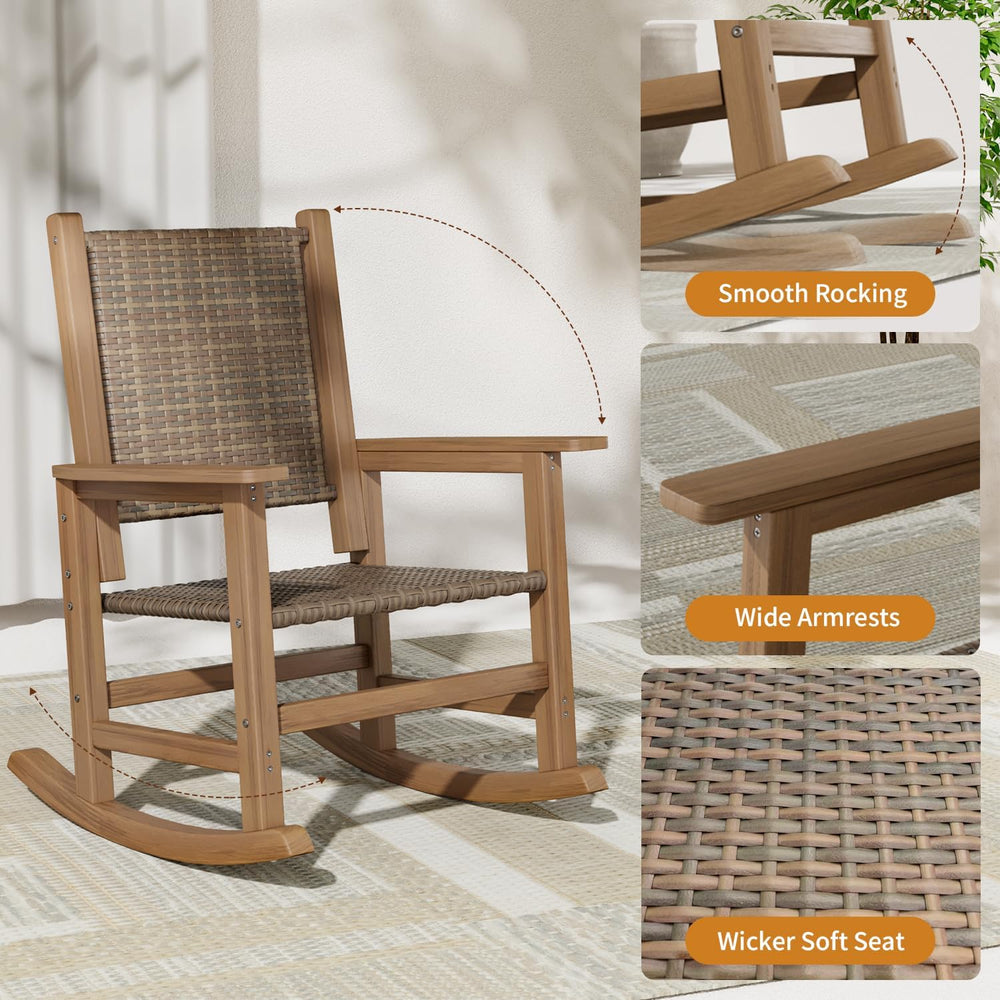 HDPE Outdoor Rocking Chair Set of 2, Wicker Patio Rocking Chair for Adult, Al...