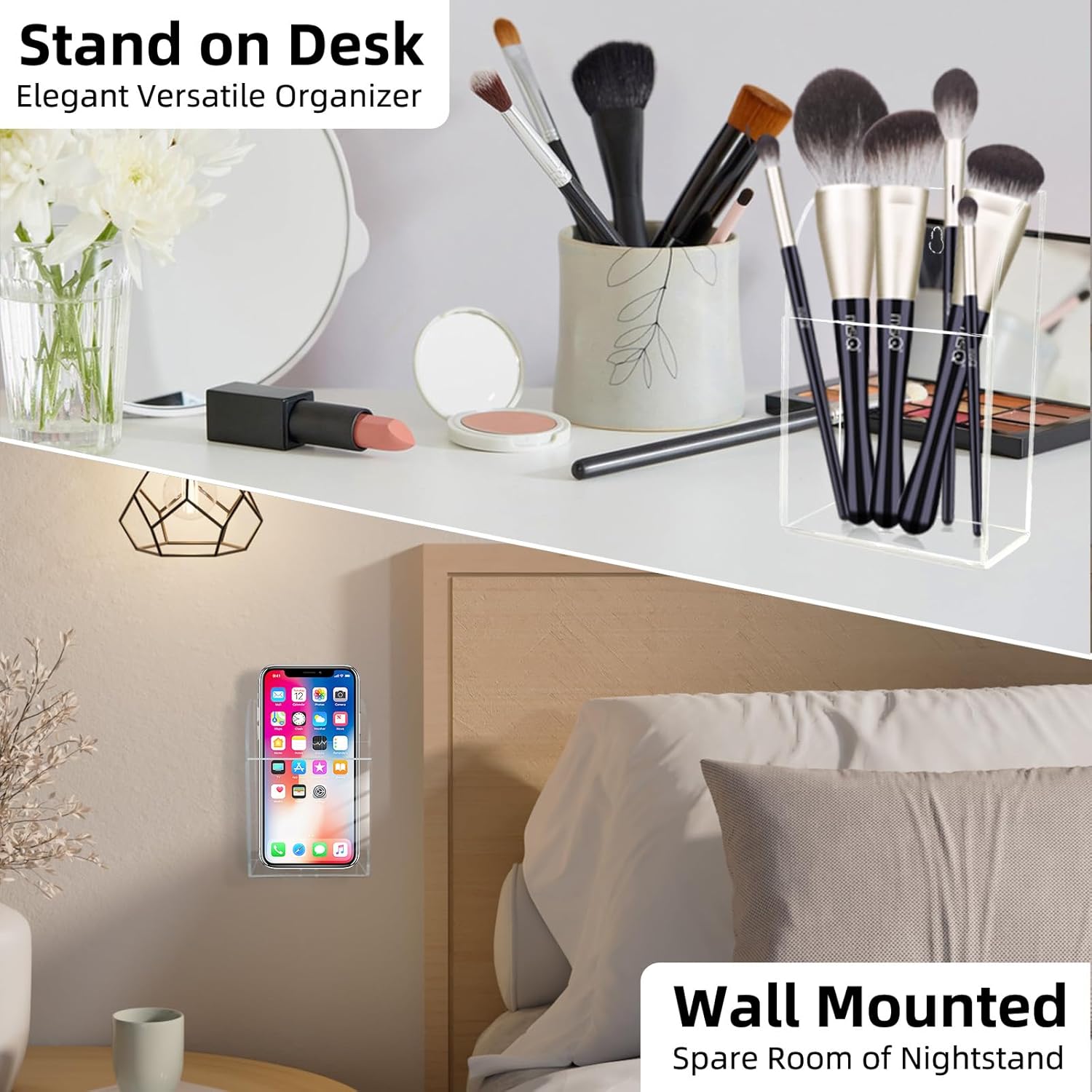 Acrylic Remote Holder Wall Mount Phone Holder for Bed, Hole-Free Fan TV Remote Holder Universal Phone Charging Storage Case for Wall, Sell-Adhesive Media Organizer