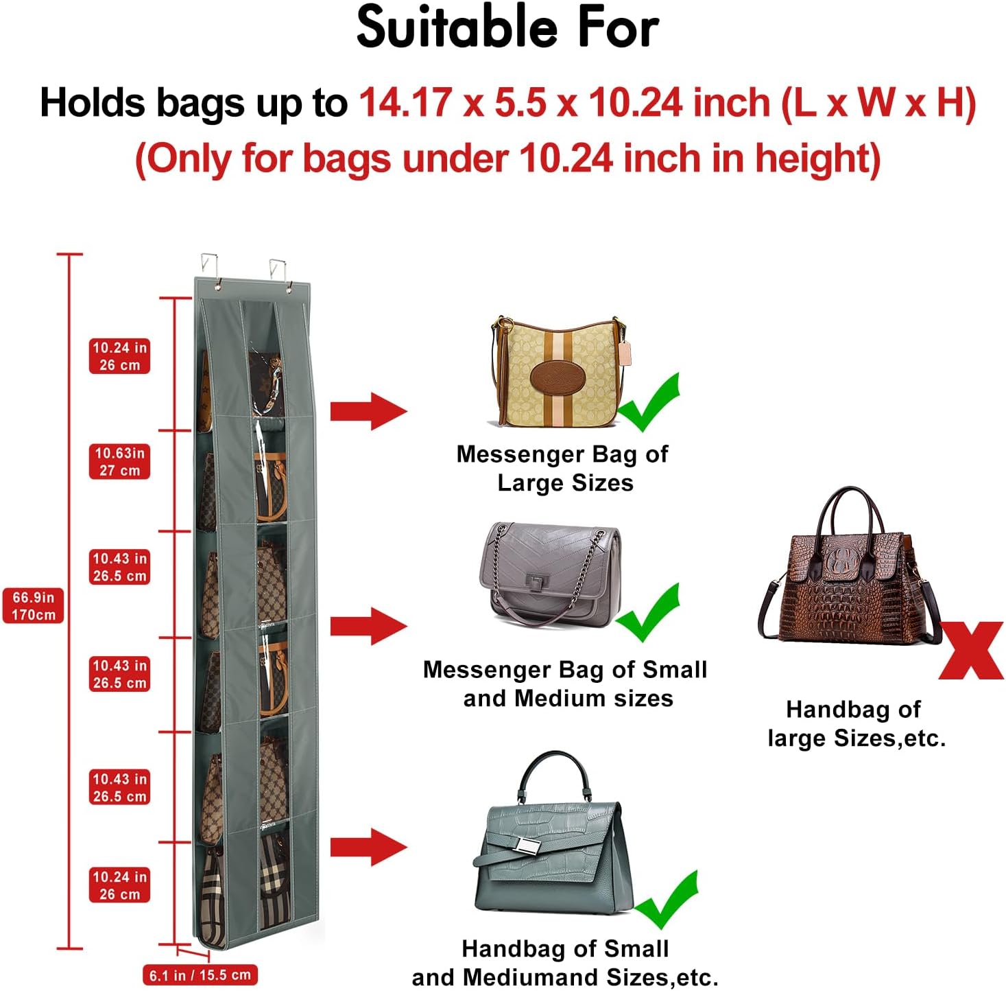 Lirex Over The Door Organizer, 2 Pack Handbag Storage with 6-Tier Space-Saving for Door or Closet, Handbag Hanger, Dark Grey
