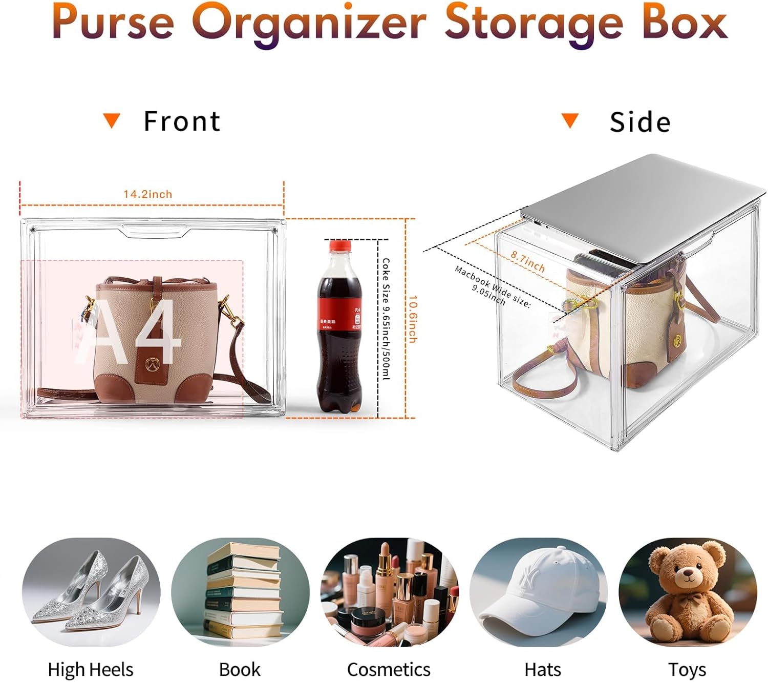 Purse Organizer for Closet, 5Pack Stackable Storage Bins, Clear Acrylic Display Case with Magnetic Door, Closet Organizers and Storage for Handbag Organzier, Heels, Collectibles