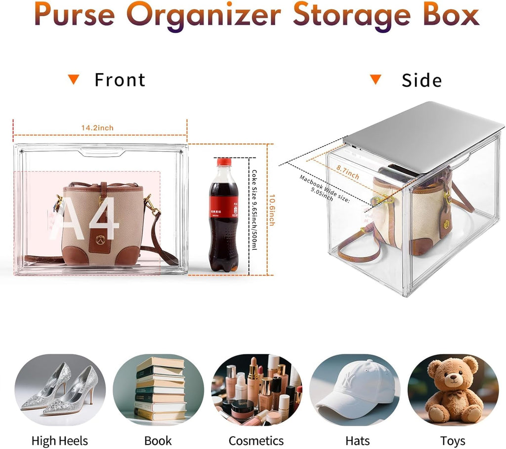 Purse Organizer for Closet, 4Pack Clear Stackable Storage Bins, Closet Organizers and Storage, Acrylic Display Case with Magnetic Door for Handbag Organzier, Heels, Collectibles