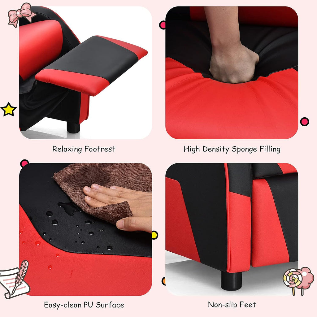 Kids Recliner, PU Leather Kid Lounge Chair w/Footrest, Armrest, Headrest & Lumbar Support, Adjustable Gaming Toddler Sofa Armchair for Boys Girls (Red)