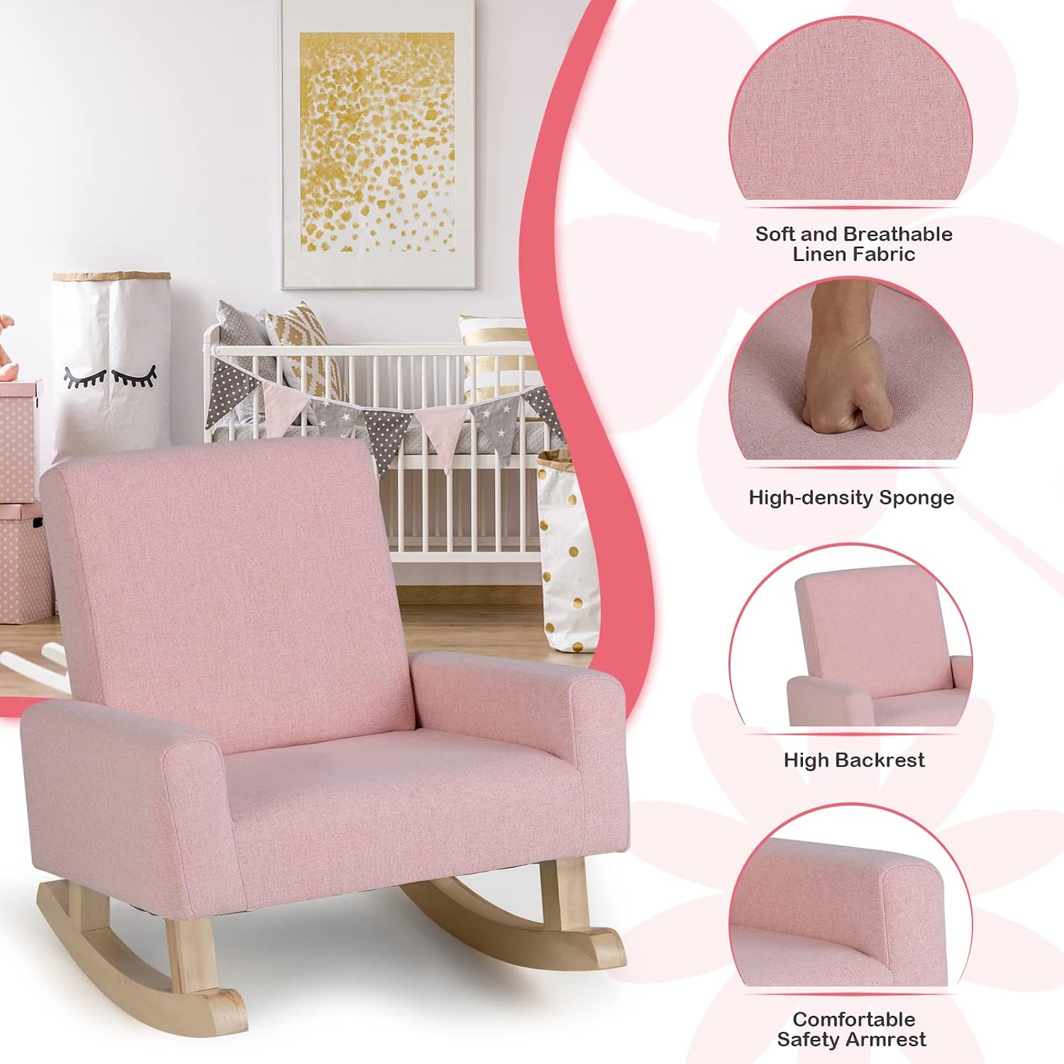 Costzon Kids Sofa, Toddler Rocking Chair with Solid Wood Frame, Linen Fabric, Anti-Tipping Design, Children Furniture Armchair for Kids Room, Nursery, Playroom, Preschool, Gift for Boys Girls (Pink)