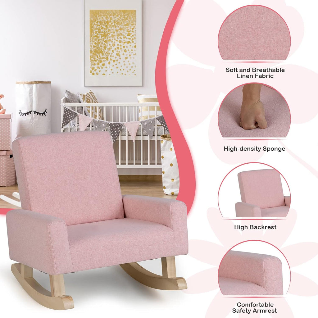 GLACER Toddler Rocking Chair, Fabric Kids Rocker w/Solid Wooden Frame & Non-Slip Mat, Anti-Tipping Design, Comfy Indoor Sofa for Living Room, Playroom, Bedroom (Pink)