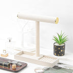 Necklace Display Holder, Bracelet Organizer Stand with Earrings Tray and Metal Lid, Jewelry Scrunchie Watches Tray Rack for Women Home Desk (Beige)