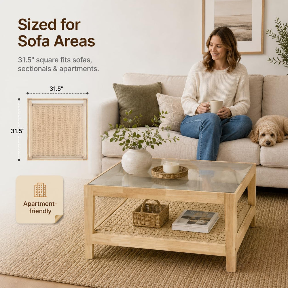 31.5" Square Tempered Glass Coffee Table, 2-Tier Woven Shelf, Wood