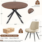 47.2" 5-Piece Round Dining Table Set for 4, Modern Wood Dining Table with 4 Upholstered Chairs, Kitchen & Dining Room Table Set with Metal Base for Apartment, Small Space, Walnut Table+4 Beige Chairs