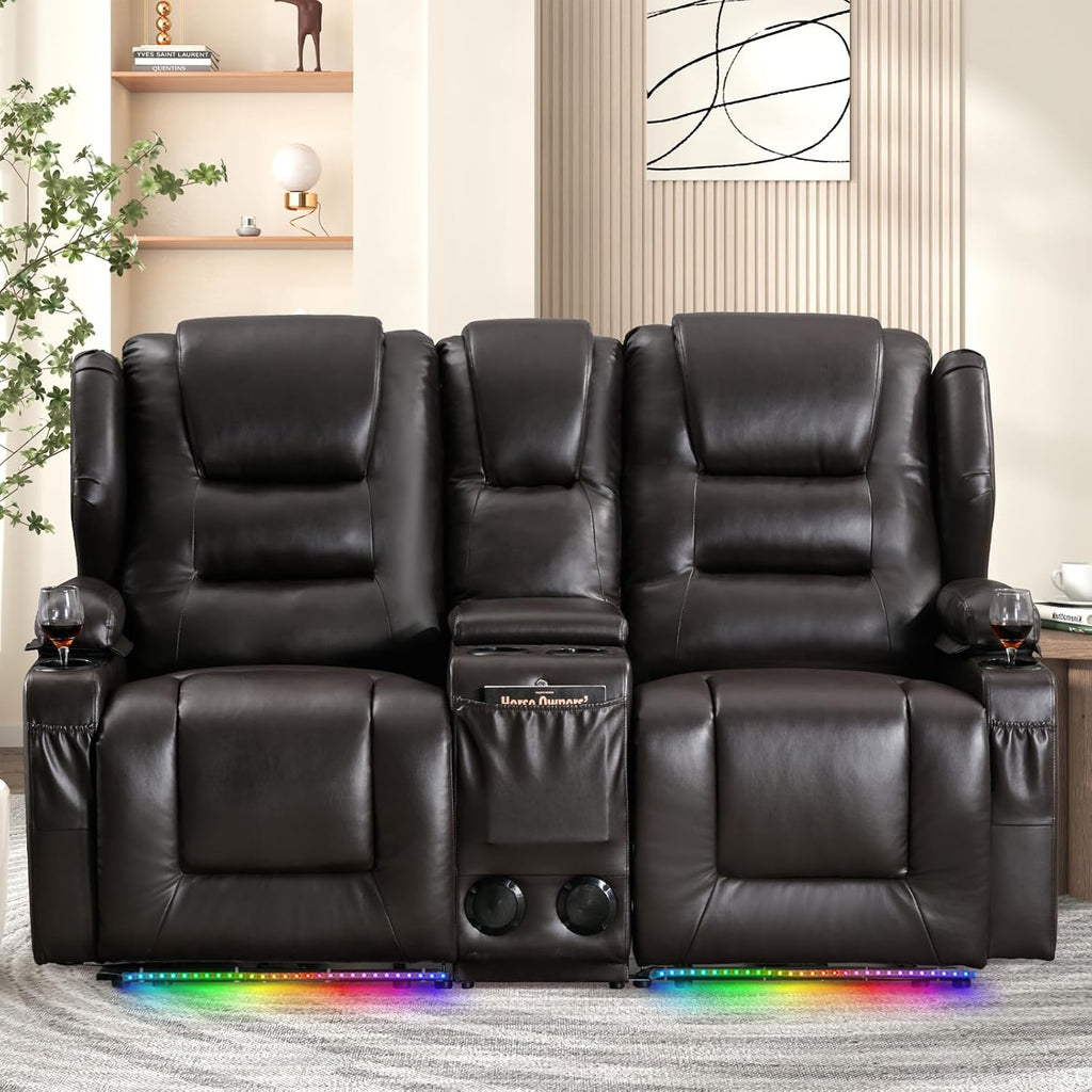 Loveseat Power Recliner Sofa Couch Electric Reclining Sofa Chair for Living Room with Multi-Function Console/Cup Holders/LED Ambient Light