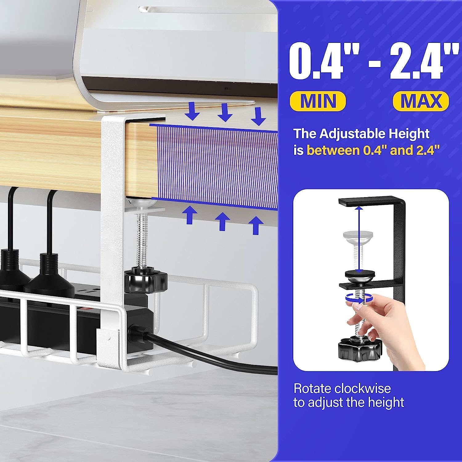 Under Desk Cable Management Tray 2 Pack, Xpatee Upgraded Wire Management No Drill No Screws, Cable Tray with Clamp for Wire Organizers, Computer Cord Rack for Office, Home - No Damage to Desk White